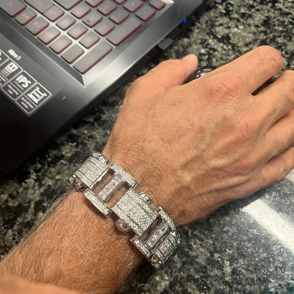 New Men's Rhodium Plated 925 Sterling Silver Chunky CZ Hip Hop Link Bracelet